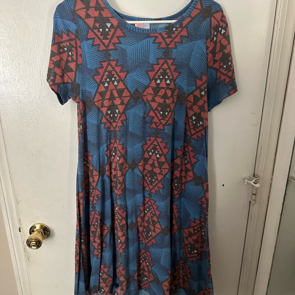 LuLaRoe Asymmetrical Dress in Blue and Red Geometric Pattern